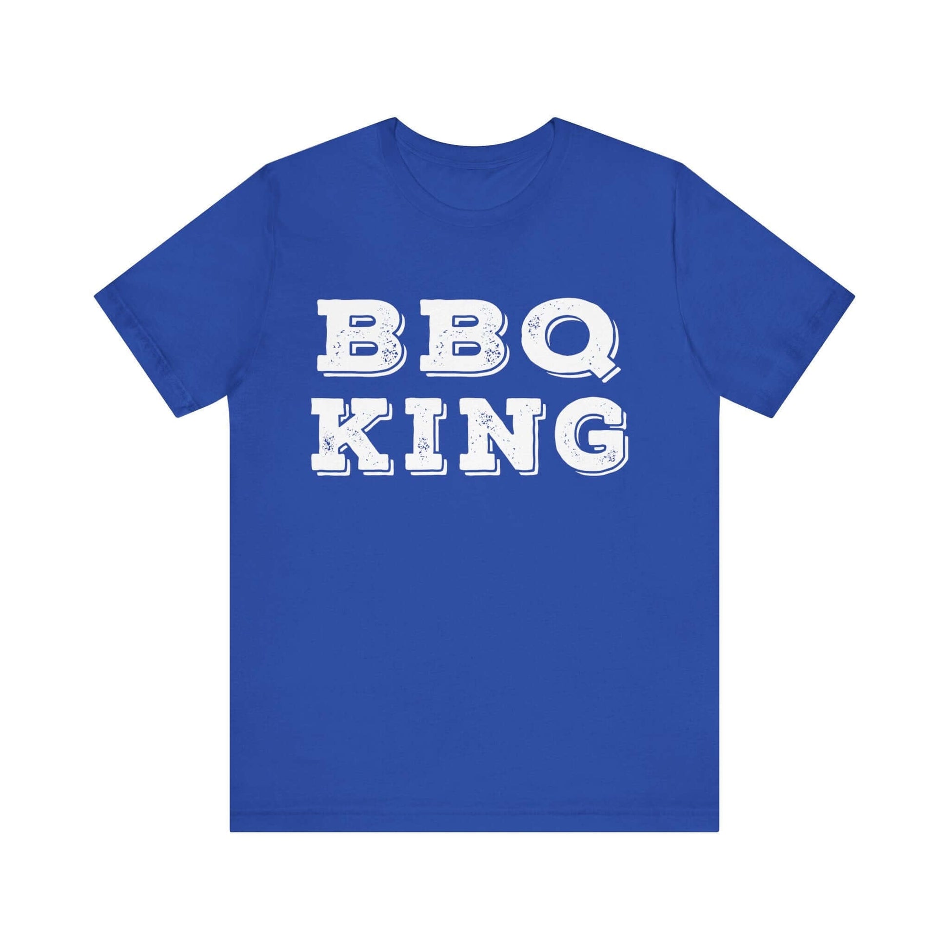 Royal blue T-shirt with white “BBQ KING” graphic on chest