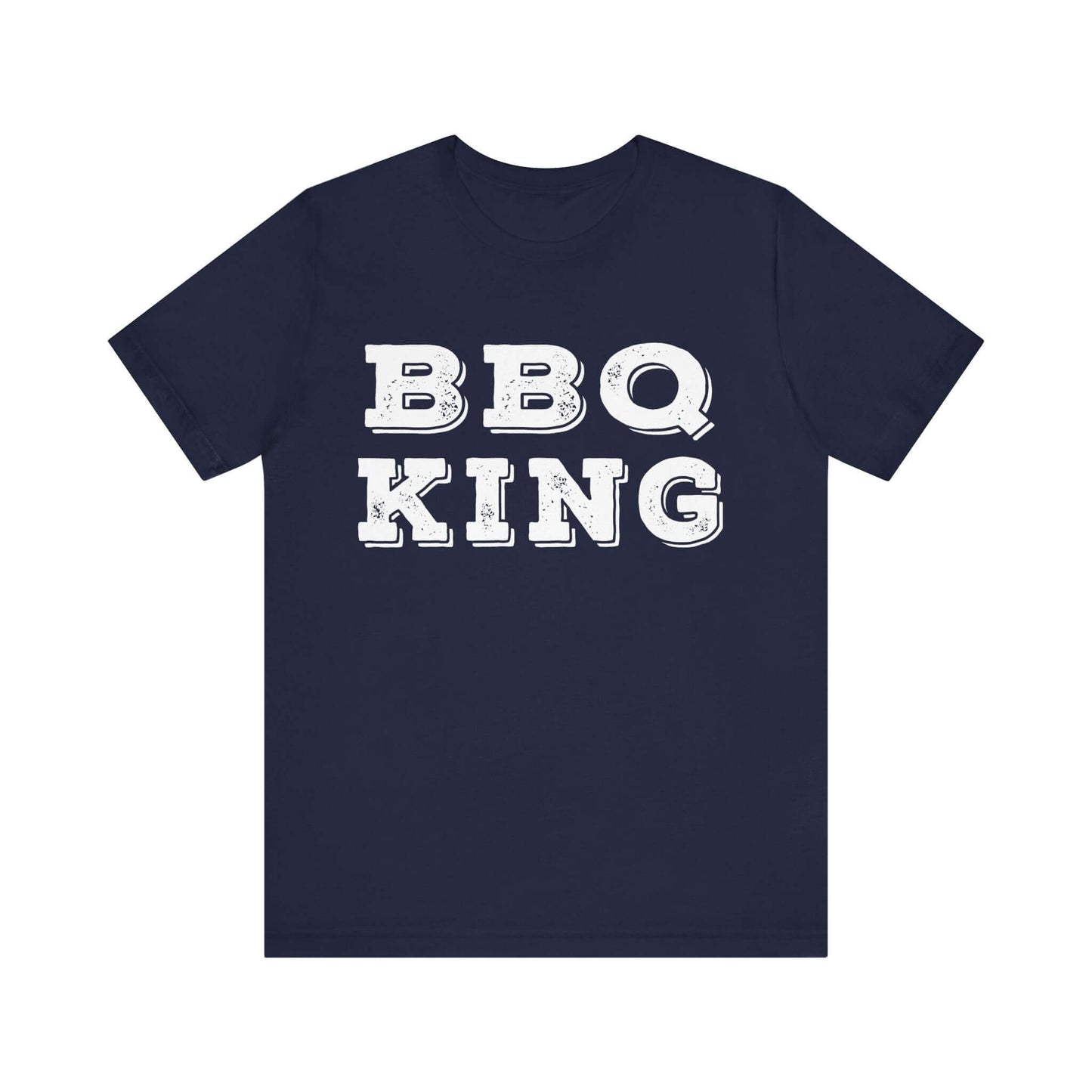 Navy T-shirt with white “BBQ KING” graphic on chest