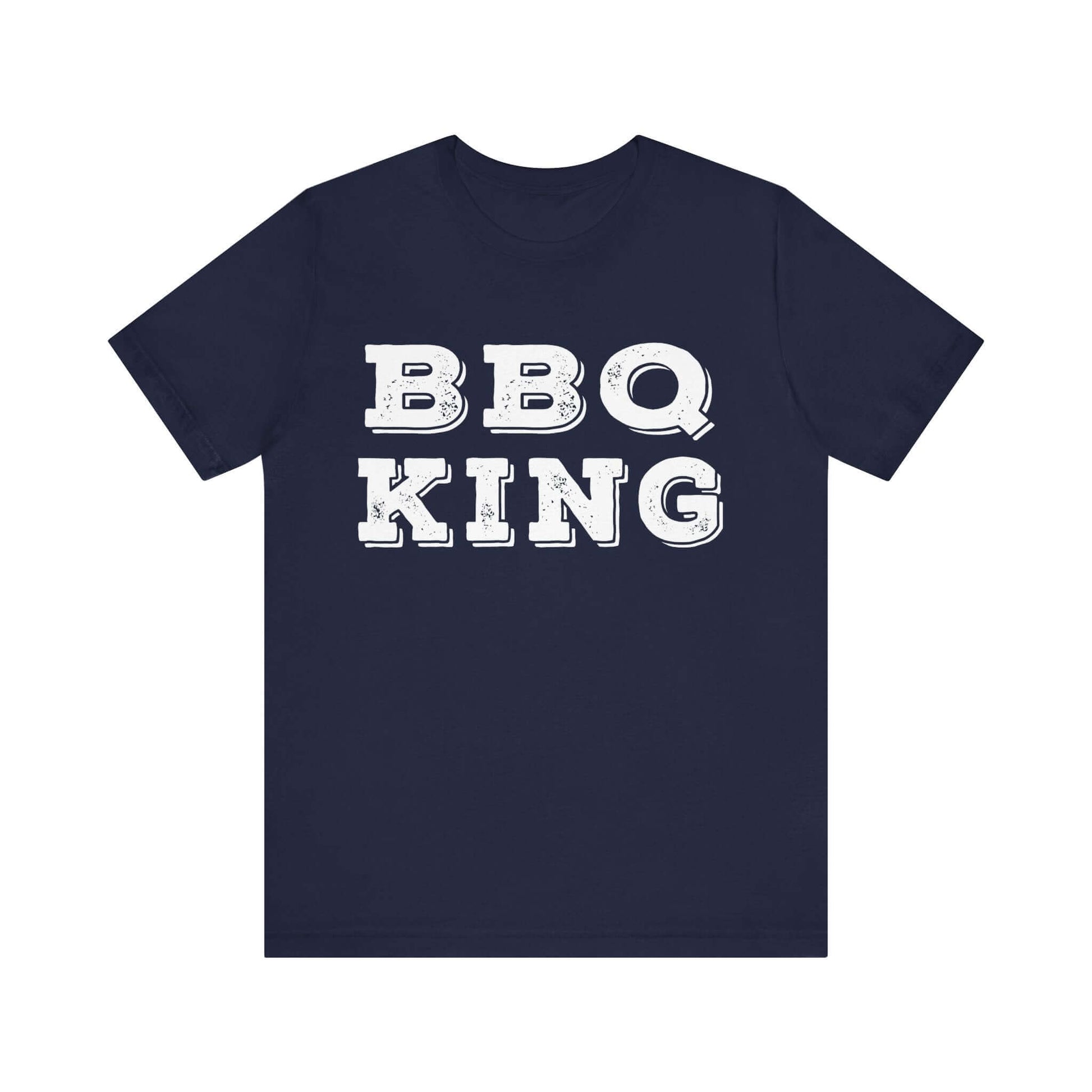Navy T-shirt with white “BBQ KING” graphic on chest