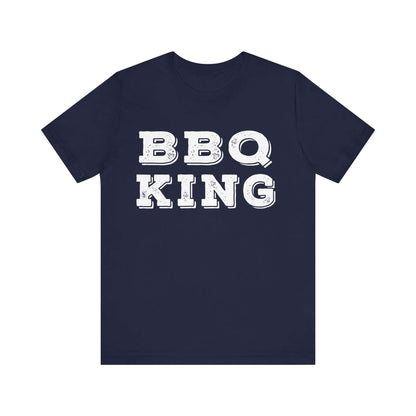 Navy T-shirt with white “BBQ KING” graphic on chest