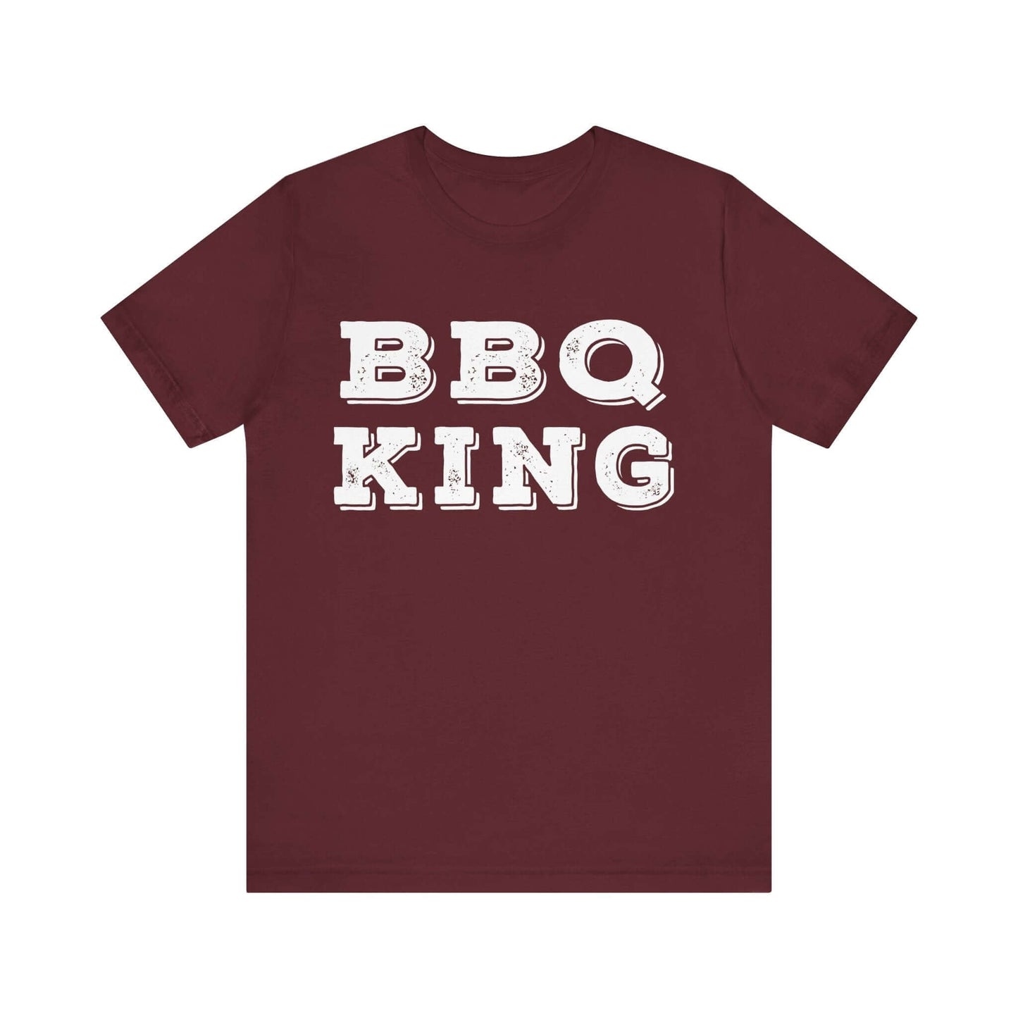 Maroon T-shirt with white “BBQ KING” graphic on chest