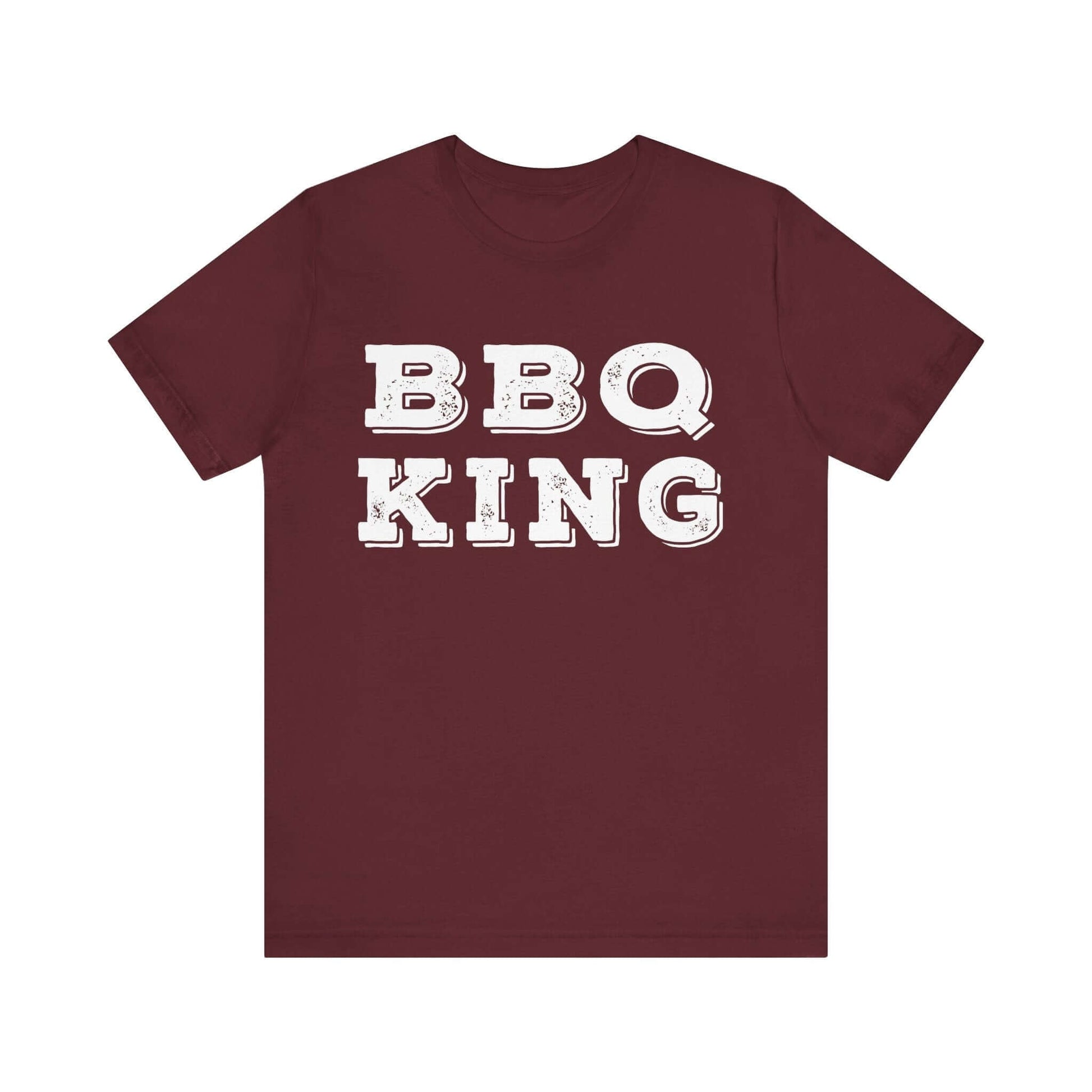 Maroon T-shirt with white “BBQ KING” graphic on chest