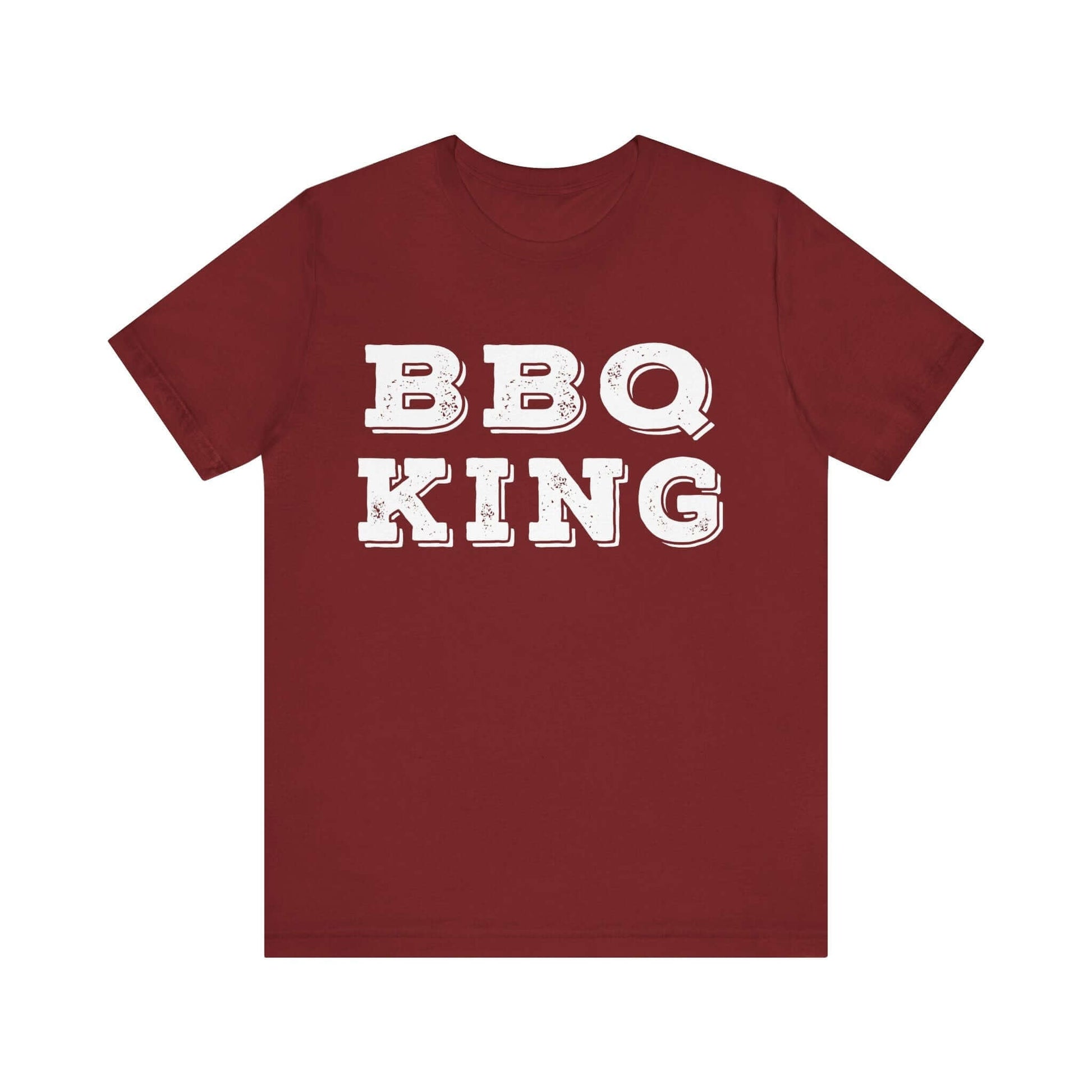 Deep maroon T-shirt with white “BBQ KING” graphic on chest