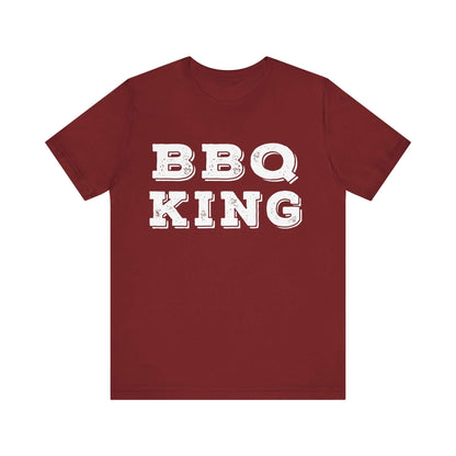 Deep maroon T-shirt with white “BBQ KING” graphic on chest