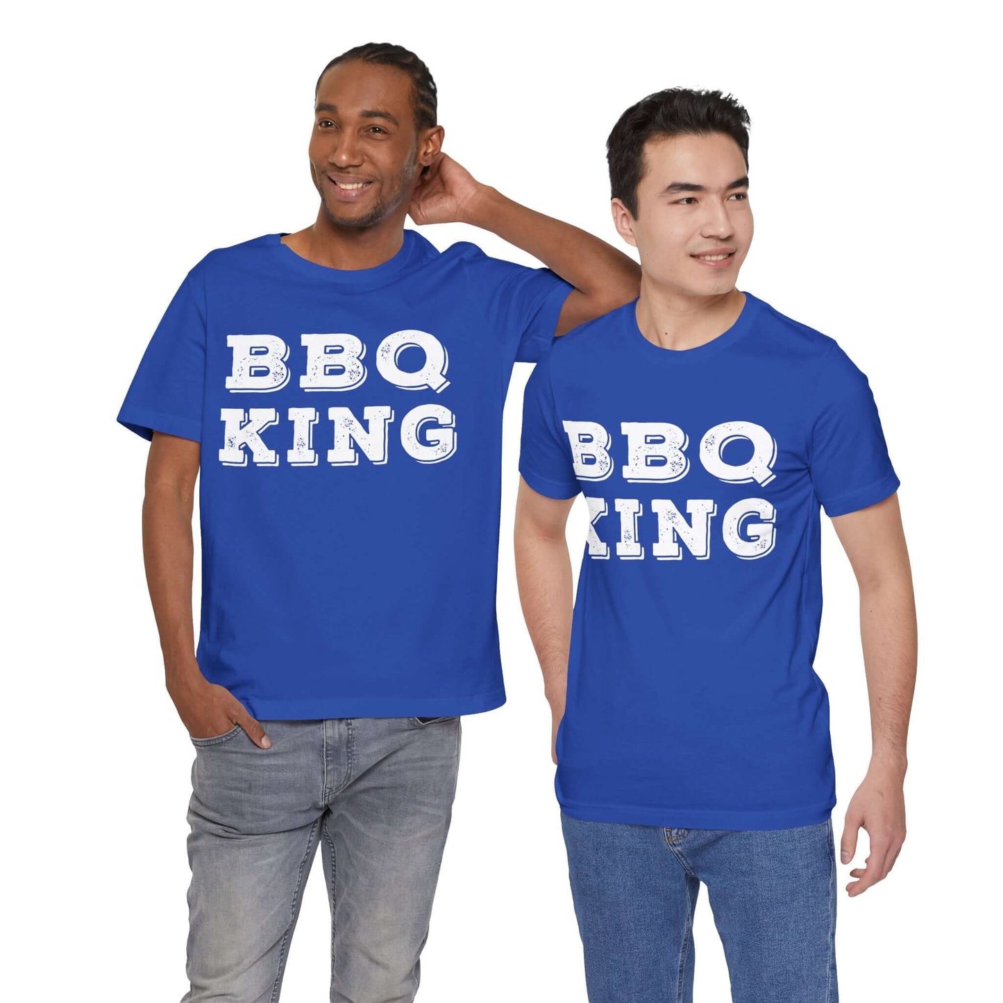 Royal blue crew-neck T-shirt with large 'BBQ KING' front print, short sleeves