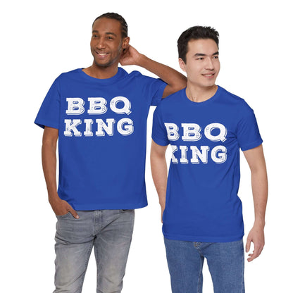 Royal blue crew-neck T-shirt with large 'BBQ KING' front print, short sleeves