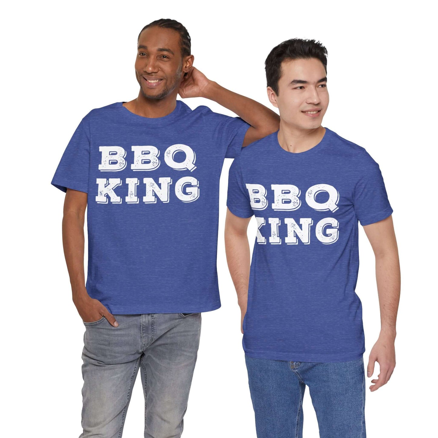 Blue crew-neck T-shirt with 'BBQ KING' front print, short sleeves worn by models