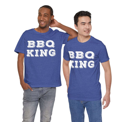 Blue crew-neck T-shirt with 'BBQ KING' front print, short sleeves worn by models