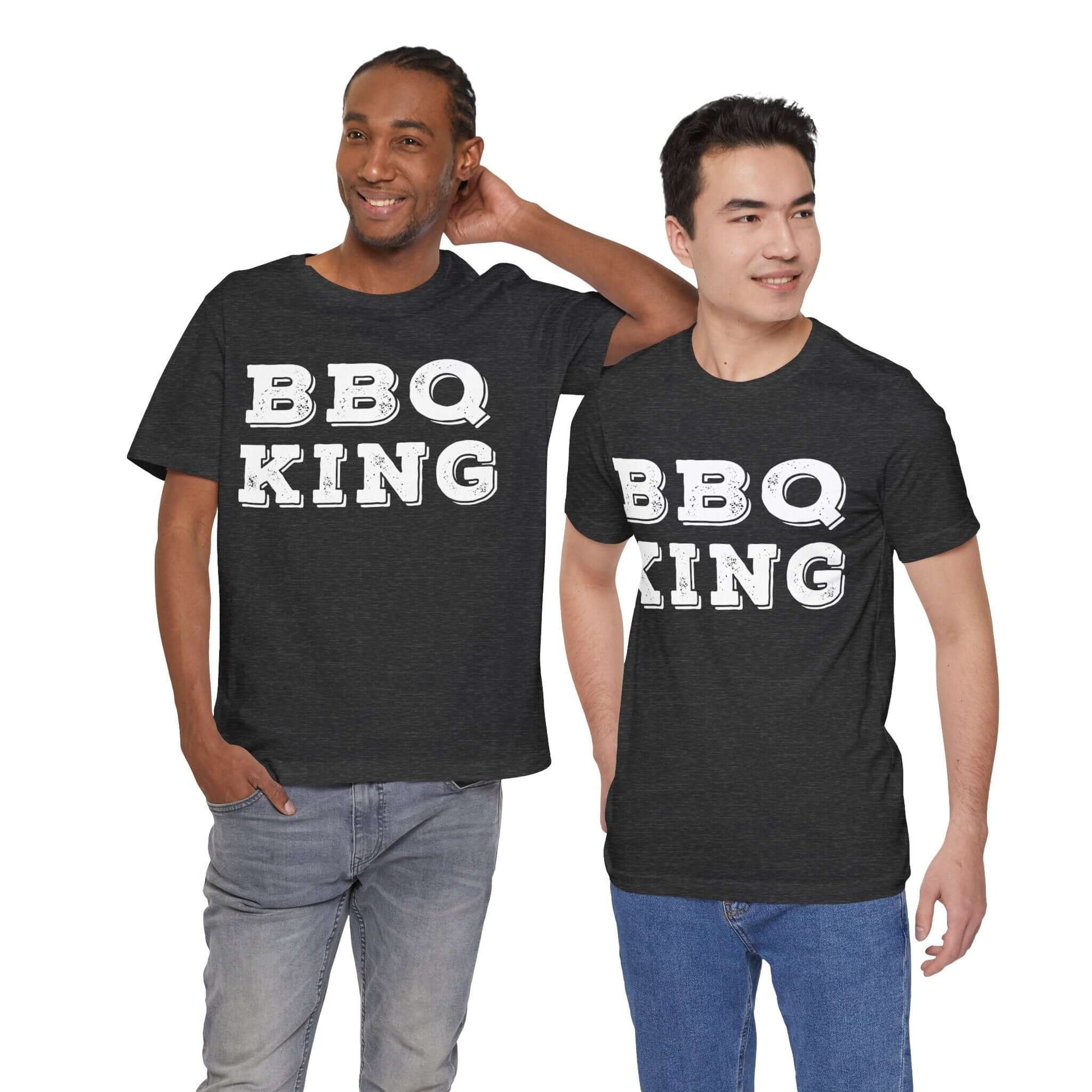 Dark grey heather crew-neck T-shirt with large 'BBQ KING' front print, short sleeves
