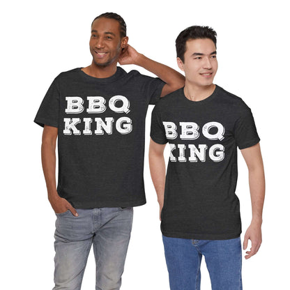Dark grey heather crew-neck T-shirt with large 'BBQ KING' front print, short sleeves