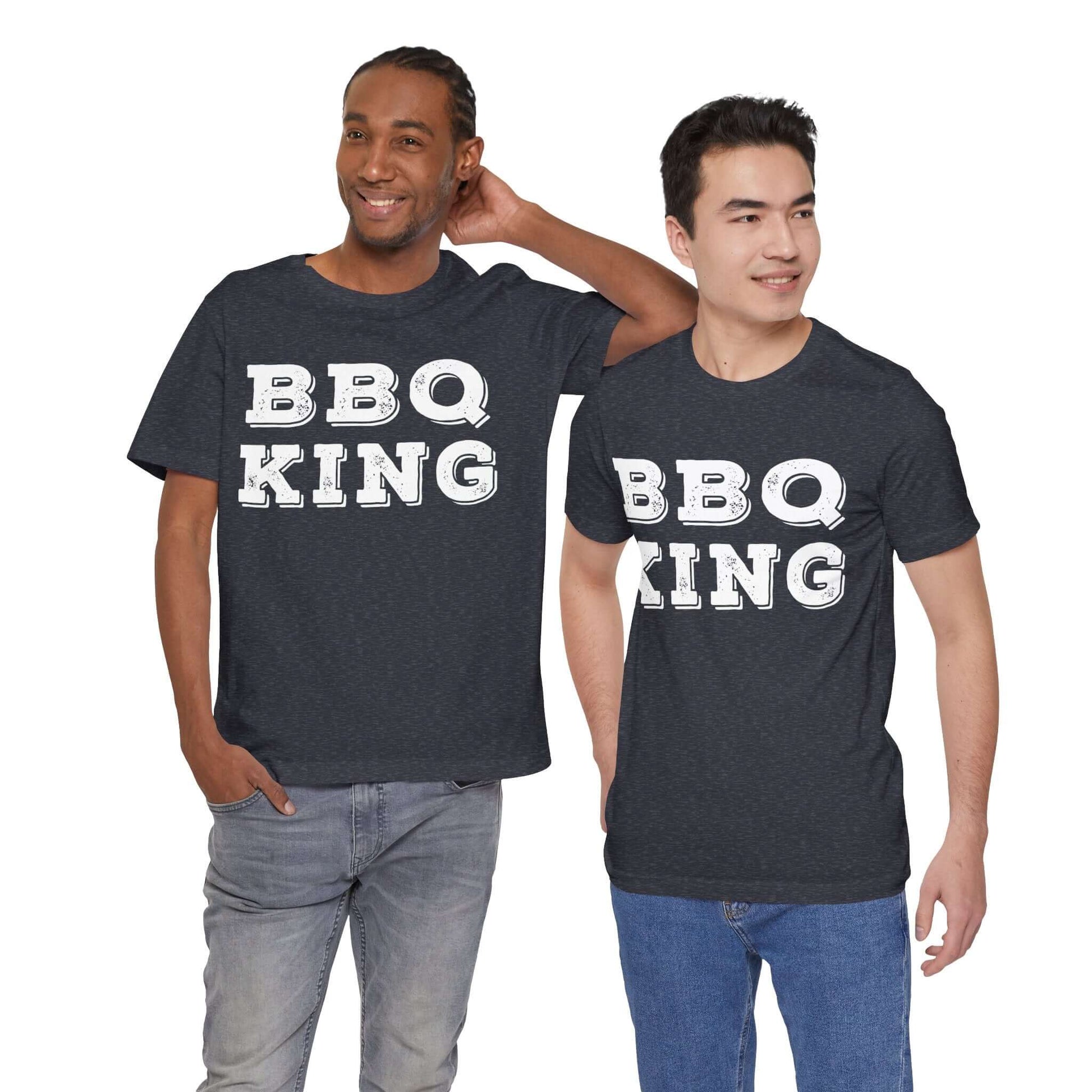 Charcoal heather crew-neck T-shirt with 'BBQ KING' front print, short sleeves worn by models