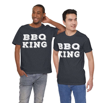 Charcoal heather crew-neck T-shirt with 'BBQ KING' front print, short sleeves worn by models