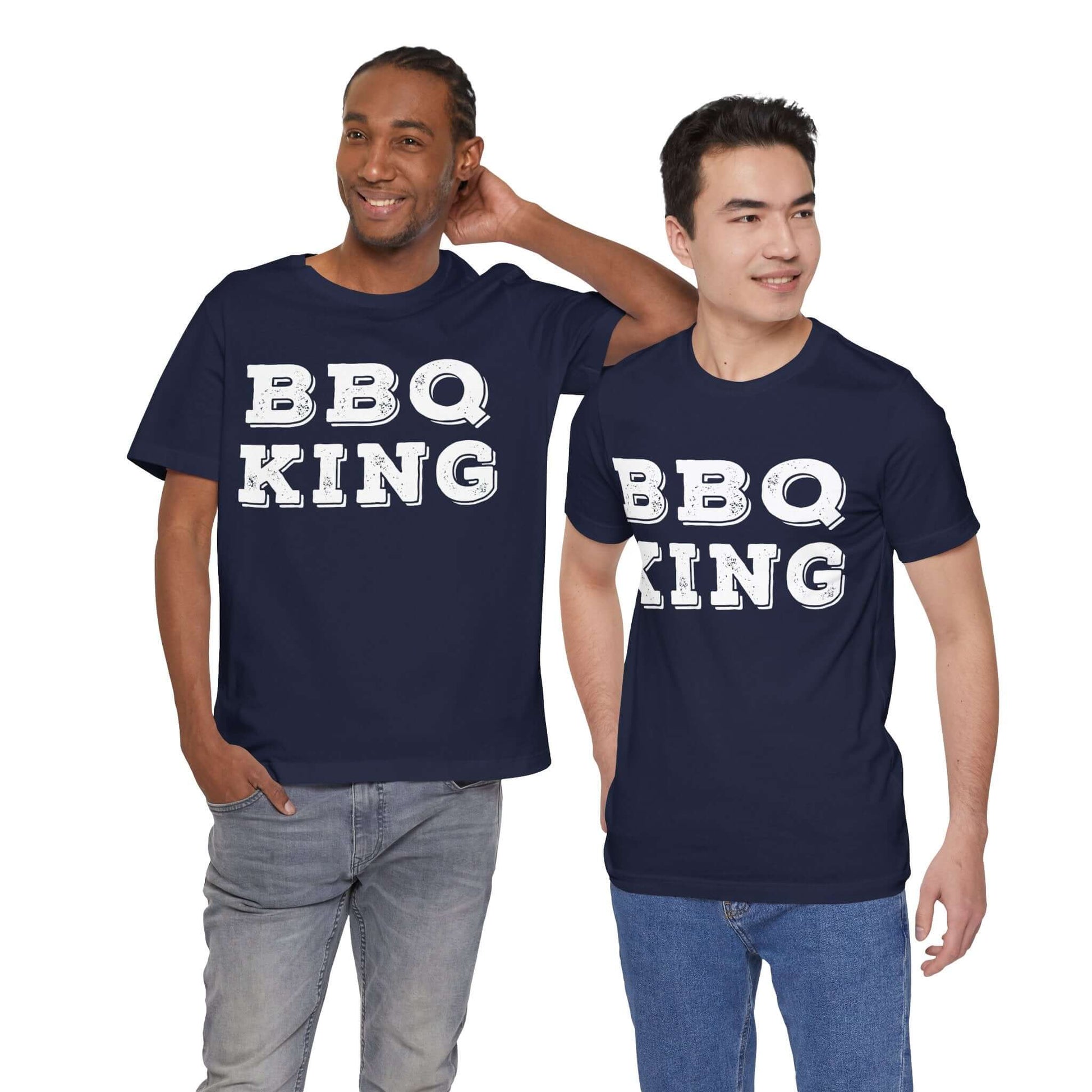 Navy crew-neck T-shirt with large 'BBQ KING' front print, short sleeves