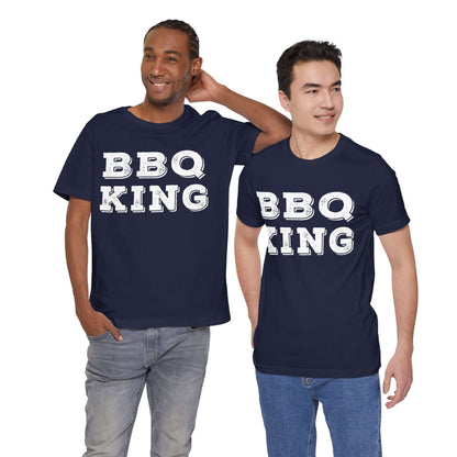 Navy crew-neck T-shirt with large 'BBQ KING' front print, short sleeves