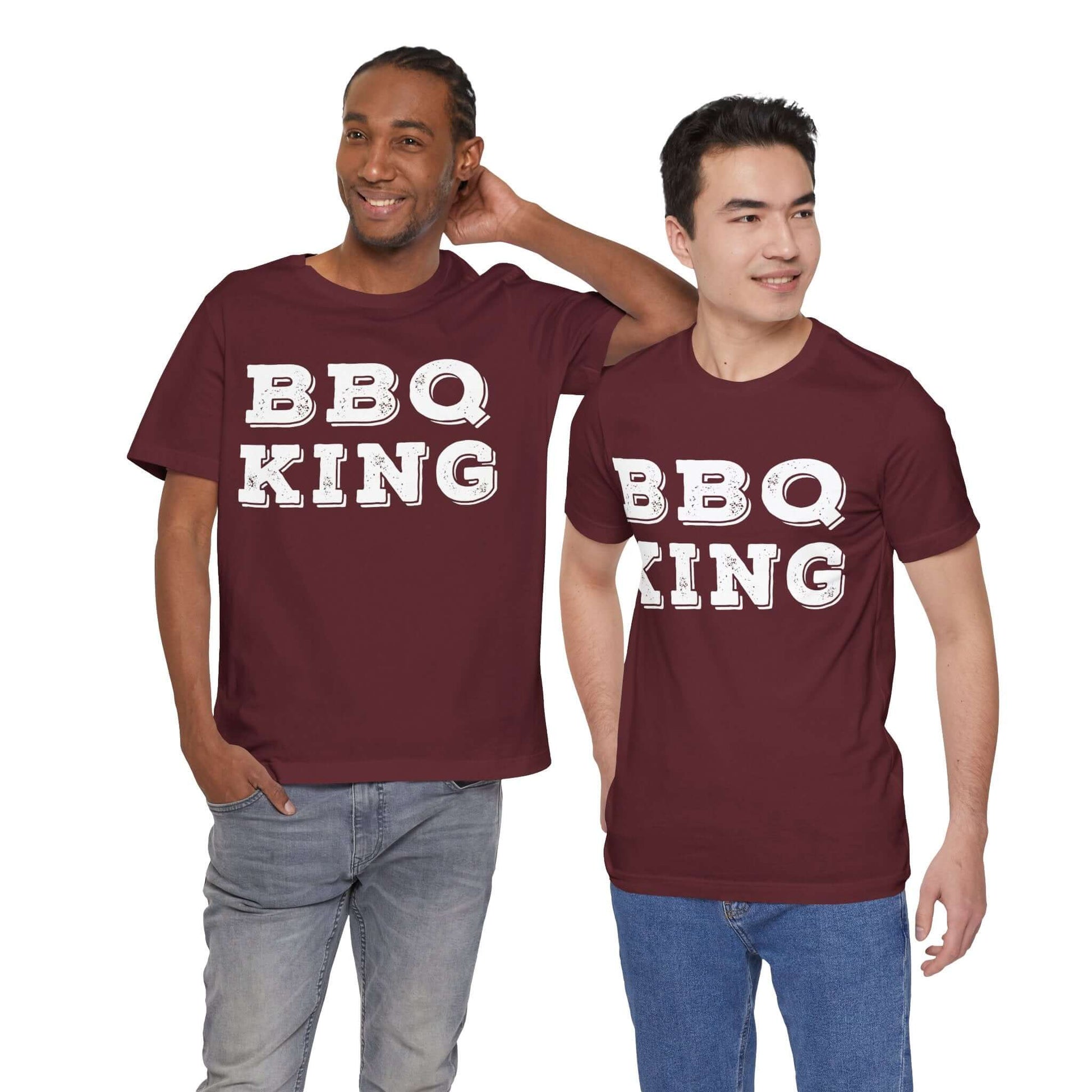 Maroon crew-neck T-shirt with large 'BBQ KING' front print, short sleeves worn by models