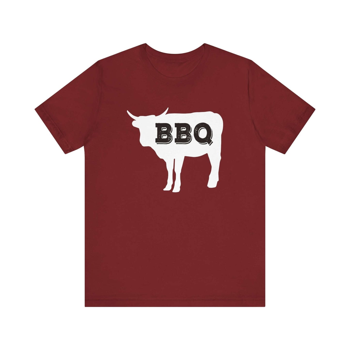 Cardinal red t-shirt with white BBQ steer graphic at chest