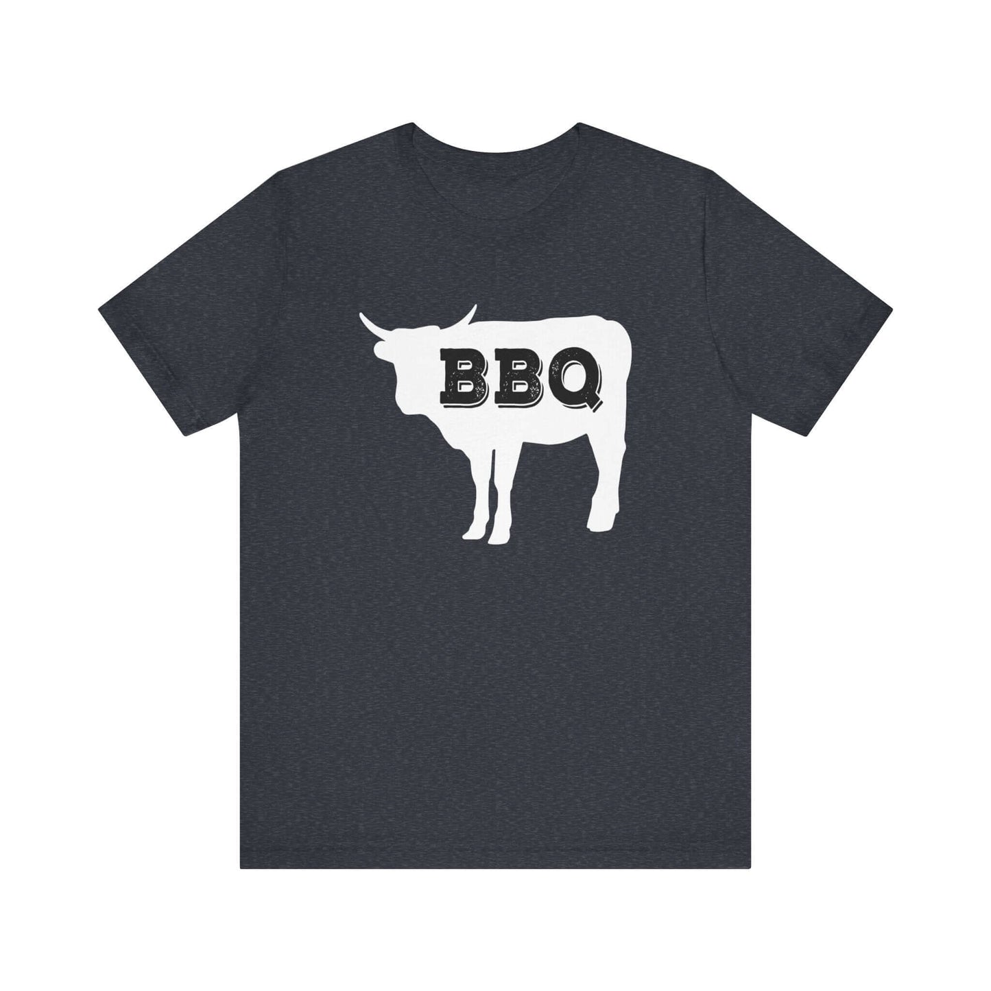 Heather navy t-shirt with white BBQ steer graphic at chest