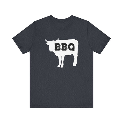 Heather navy t-shirt with white BBQ steer graphic at chest