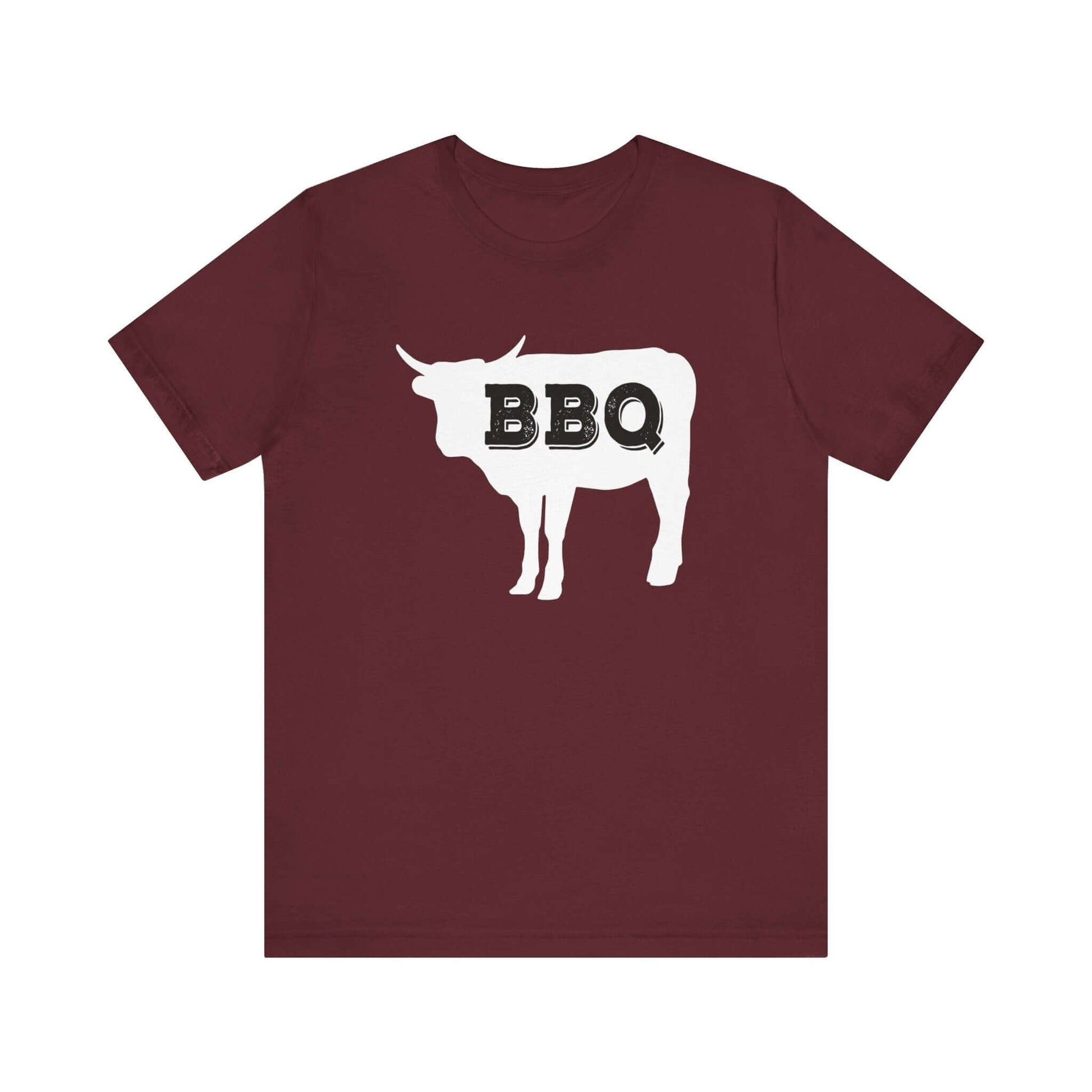 Maroon t-shirt with white BBQ steer graphic at chest