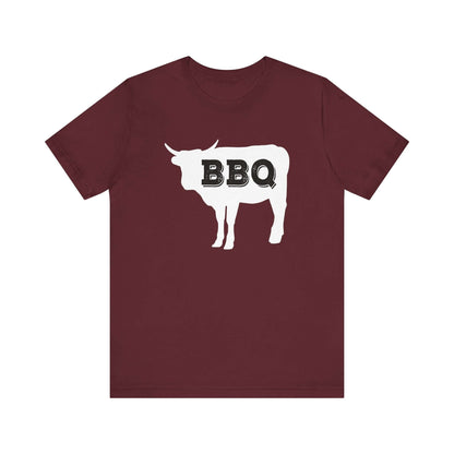 Maroon t-shirt with white BBQ steer graphic at chest
