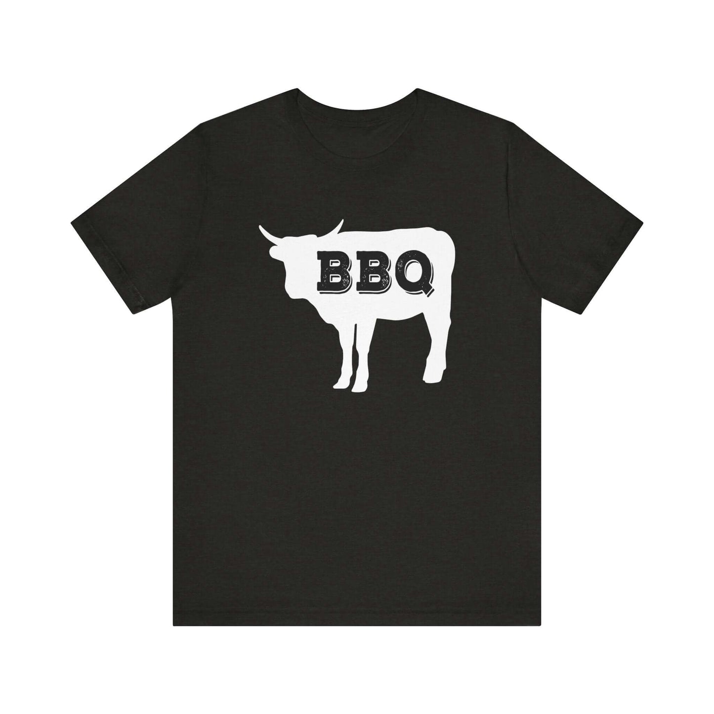 Black heather t-shirt with white BBQ steer graphic at chest
