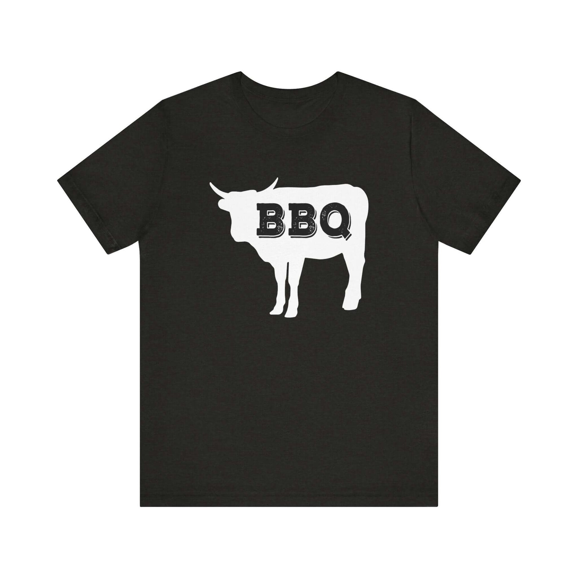 Black heather t-shirt with white BBQ steer graphic at chest