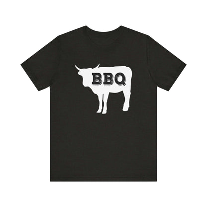 Black heather t-shirt with white BBQ steer graphic at chest