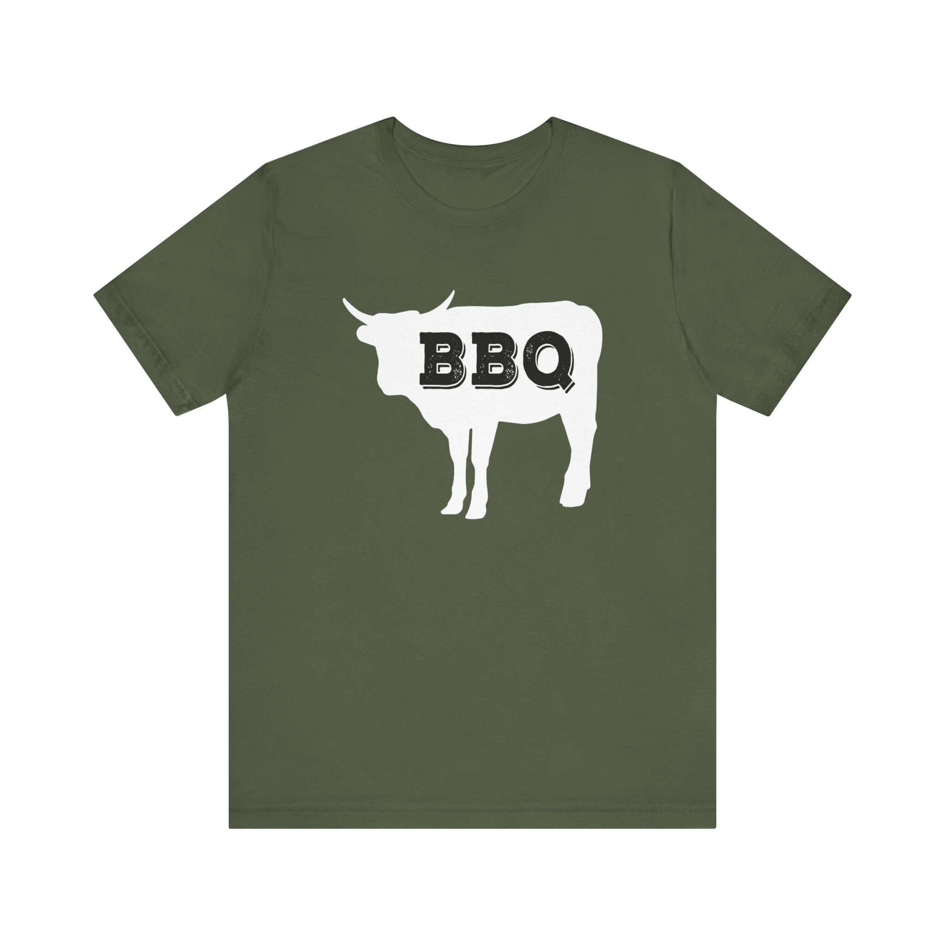 Military green t-shirt with white BBQ steer graphic at chest