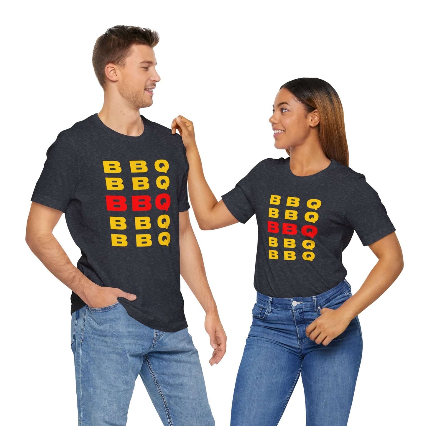 Dark heather BBQ print T-shirt with stacked BBQ text graphic on the front