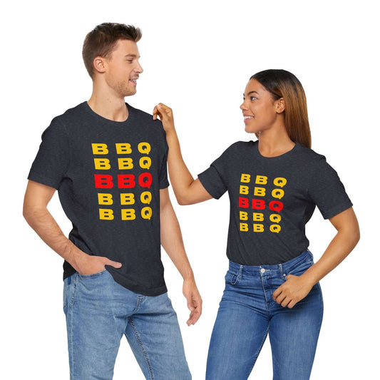 Dark heather BBQ print T-shirt with stacked BBQ text graphic on the front