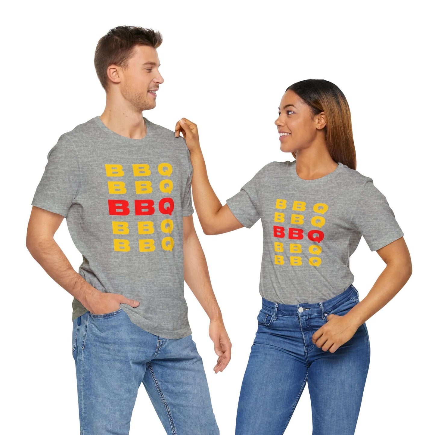 Heather gray BBQ print T-shirt with stacked BBQ text graphic on the front