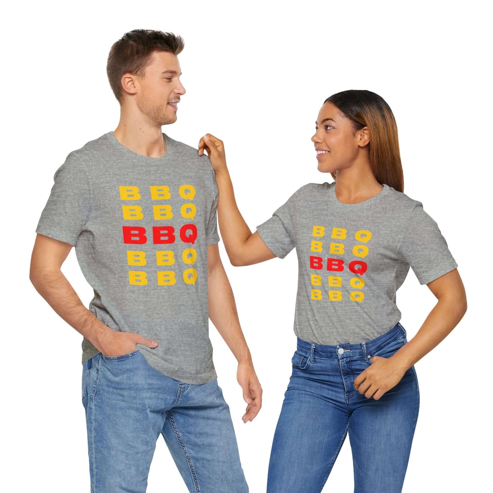 Heather gray BBQ print T-shirt with stacked BBQ text graphic on the front