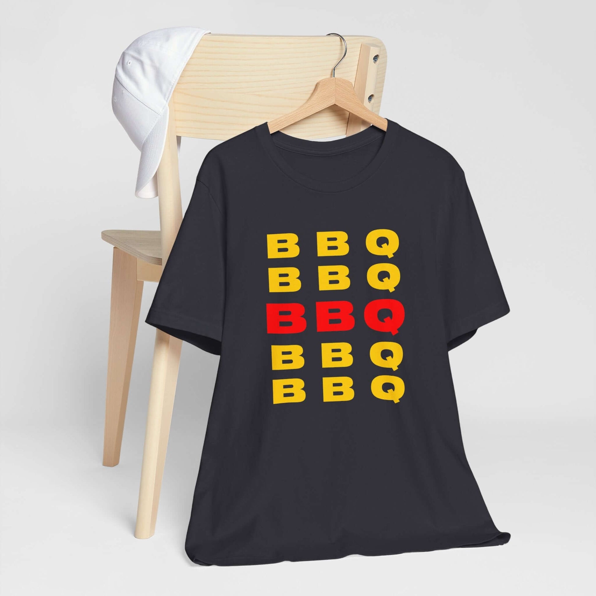 Navy crewneck T-shirt with stacked multicolor BBQ letter print