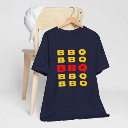 Navy crewneck T-shirt with stacked multicolor BBQ letter print