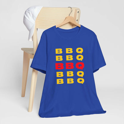Blue crewneck T-shirt with stacked multicolor BBQ letter print