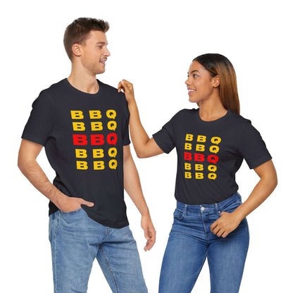 Navy BBQ print T-shirt with stacked BBQ text graphic on the front