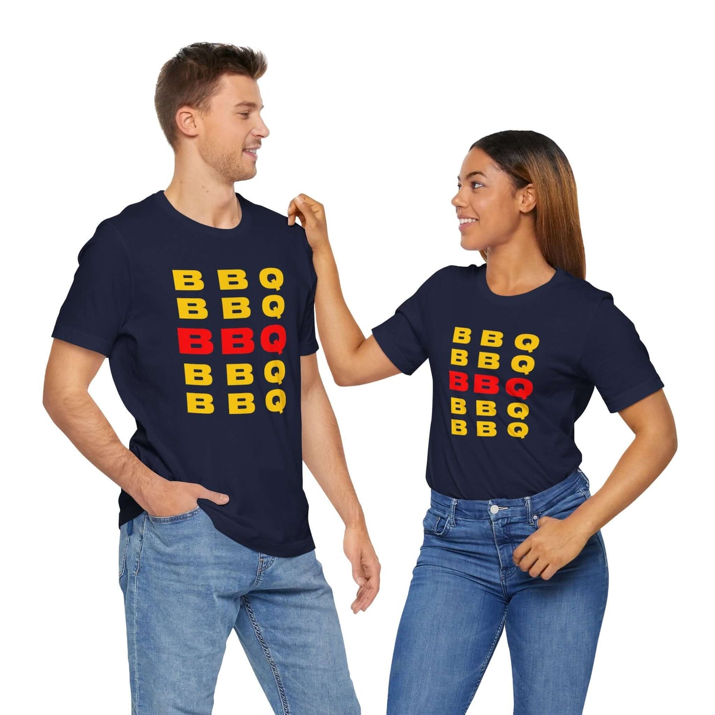 Royal blue BBQ print T-shirt with stacked BBQ text graphic on the front