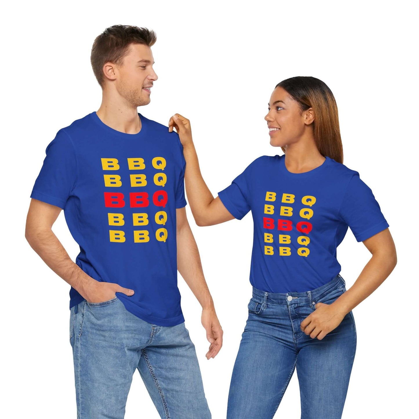 Blue BBQ print T-shirt with stacked BBQ text graphic on the front