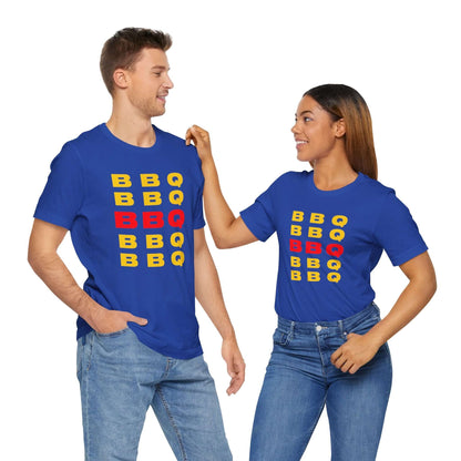 Blue BBQ print T-shirt with stacked BBQ text graphic on the front