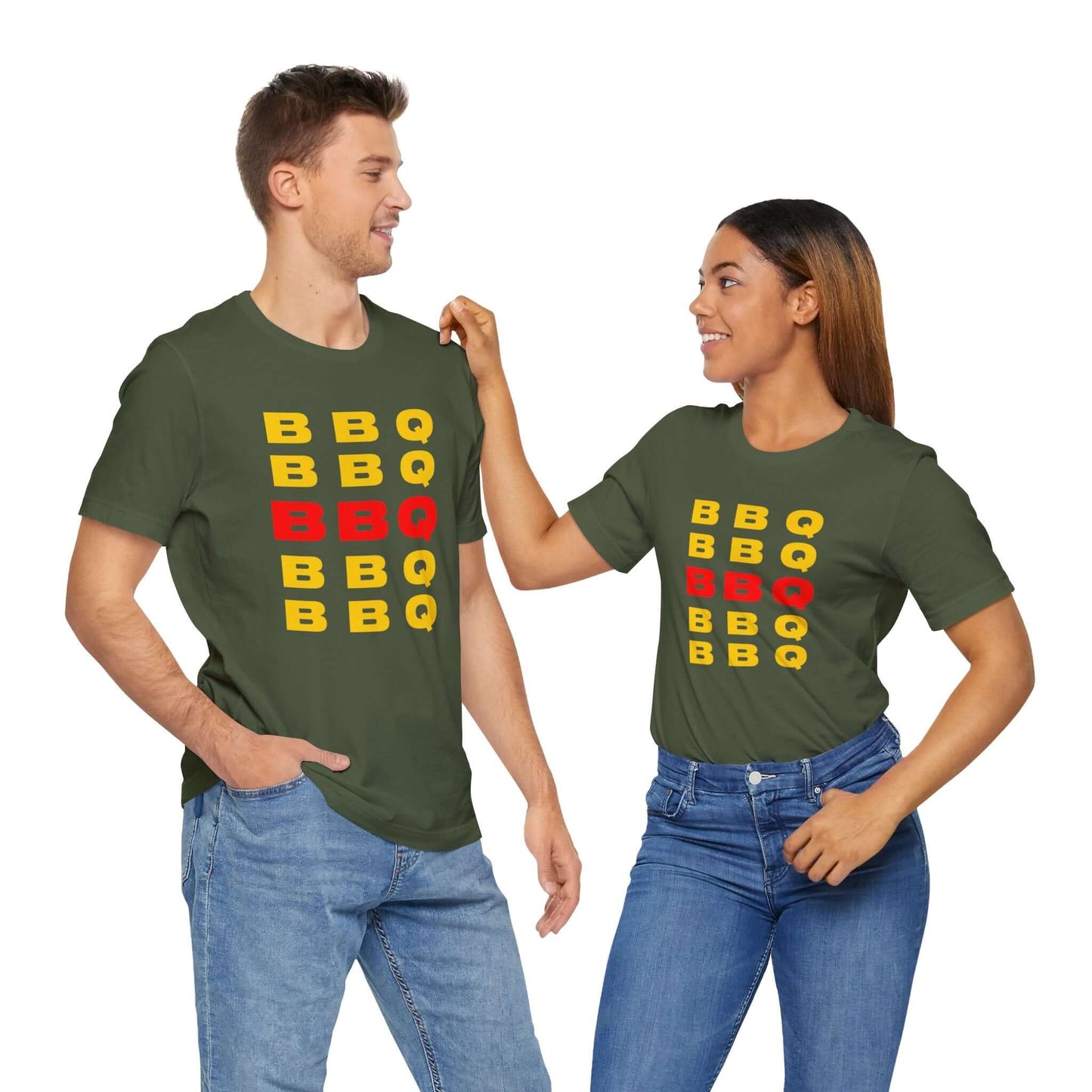 Military green BBQ print T-shirt with stacked BBQ text graphic on the front