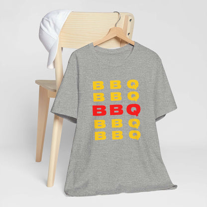 Heather gray BBQ print T-shirt with stacked BBQ text graphic on the front