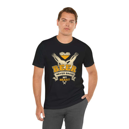 Black men’s T-shirt with “BEER” BBQ graphic and “Never Broke My Heart” text
