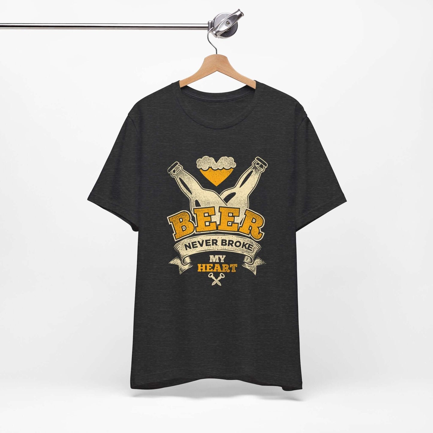 Dark grey heather beer-themed T-shirt with crossed bottles and 'BEER' graphic on front