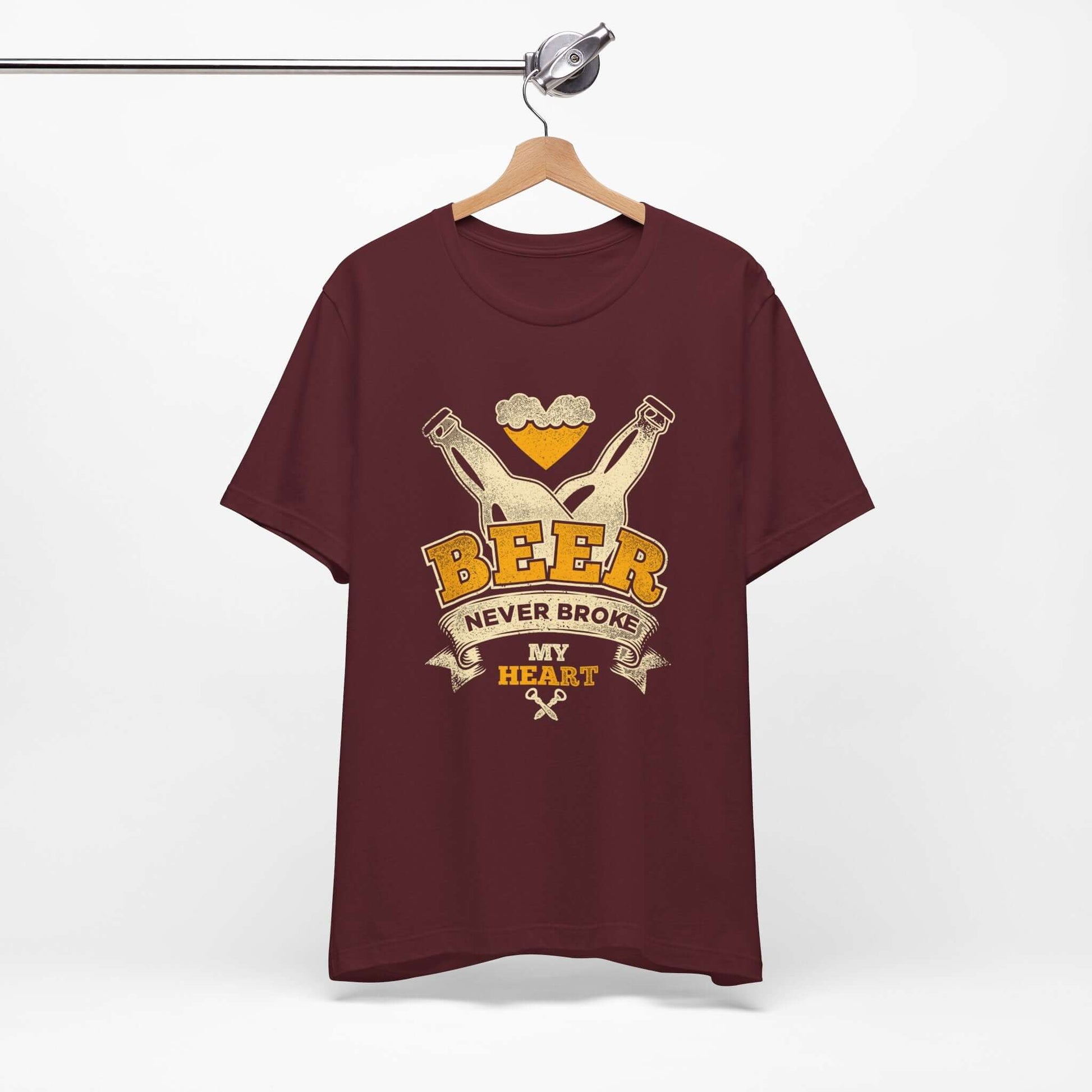 Maroon beer-themed T-shirt with crossed bottles and 'BEER' graphic on front