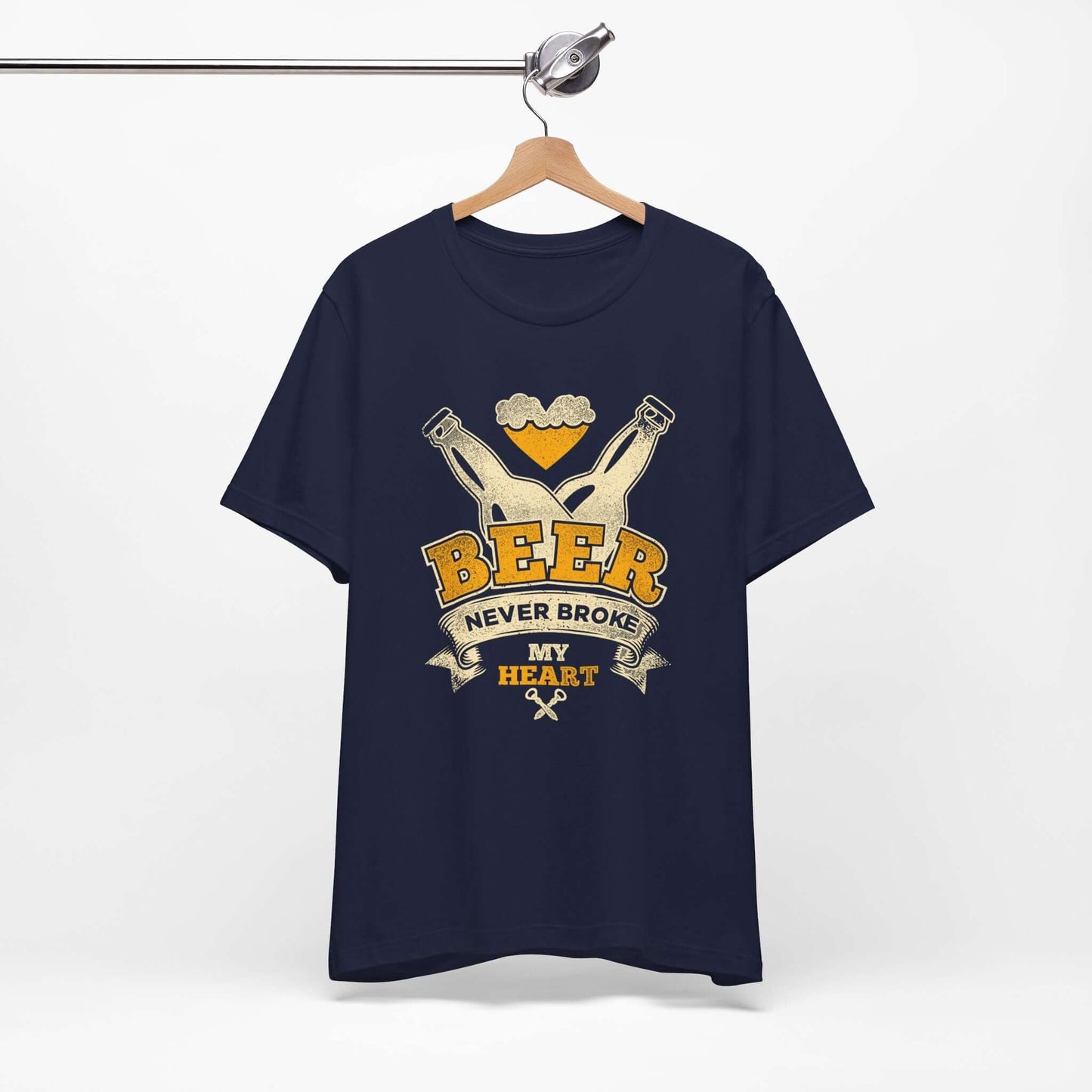 Black heather beer-themed T-shirt with crossed bottles and 'BEER' graphic on front