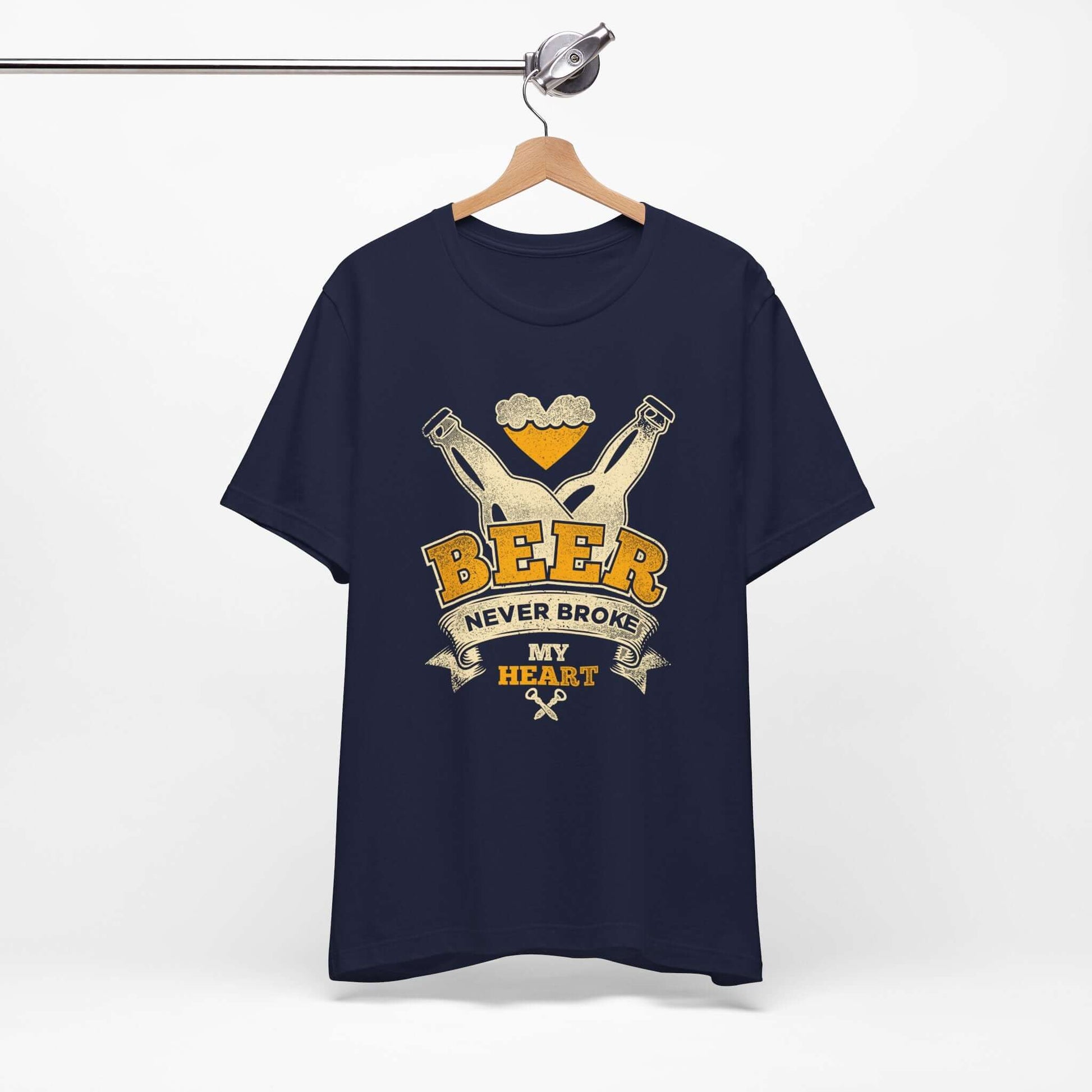 Black heather beer-themed T-shirt with crossed bottles and 'BEER' graphic on front