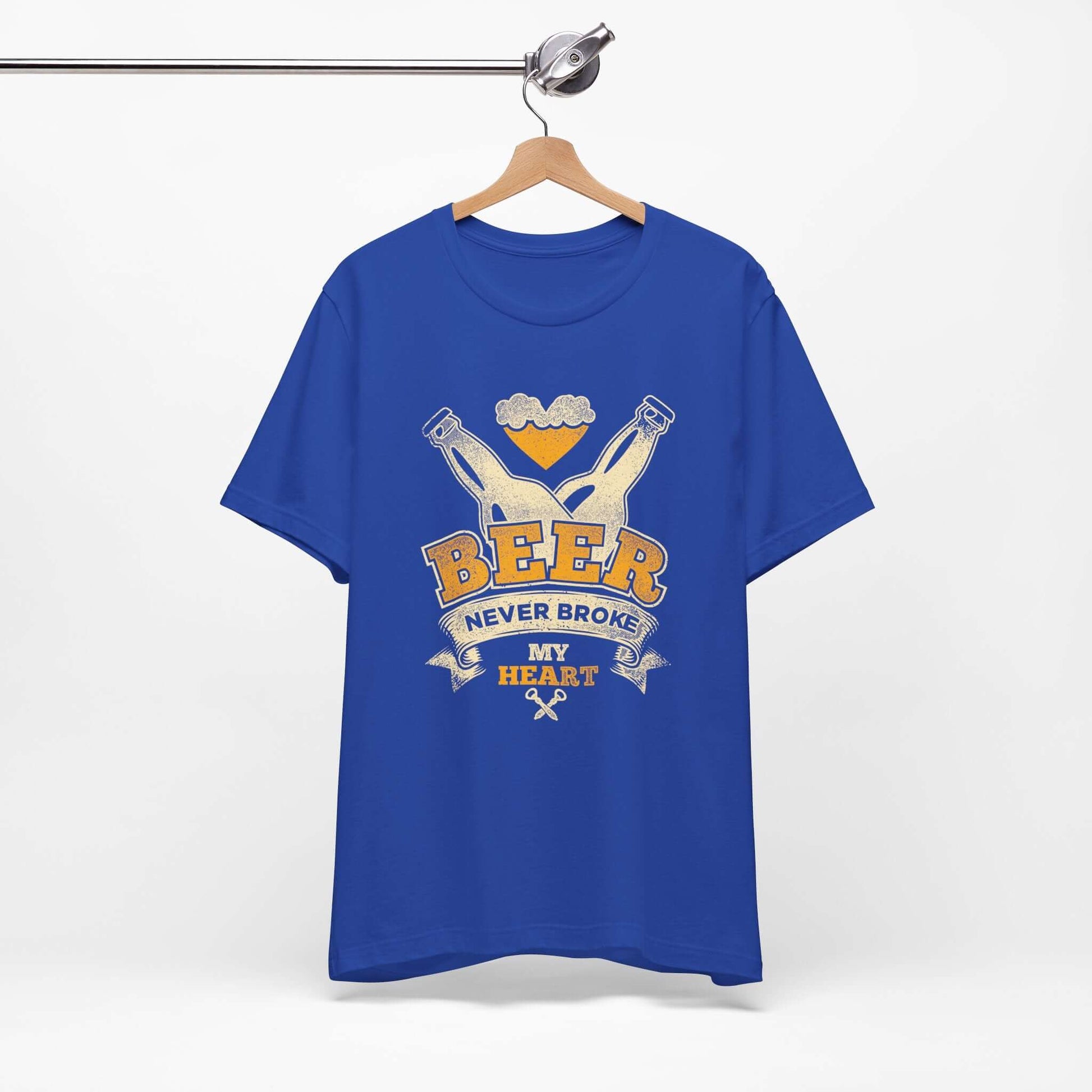 Royal blue beer-themed T-shirt with crossed bottles and 'BEER' graphic on front