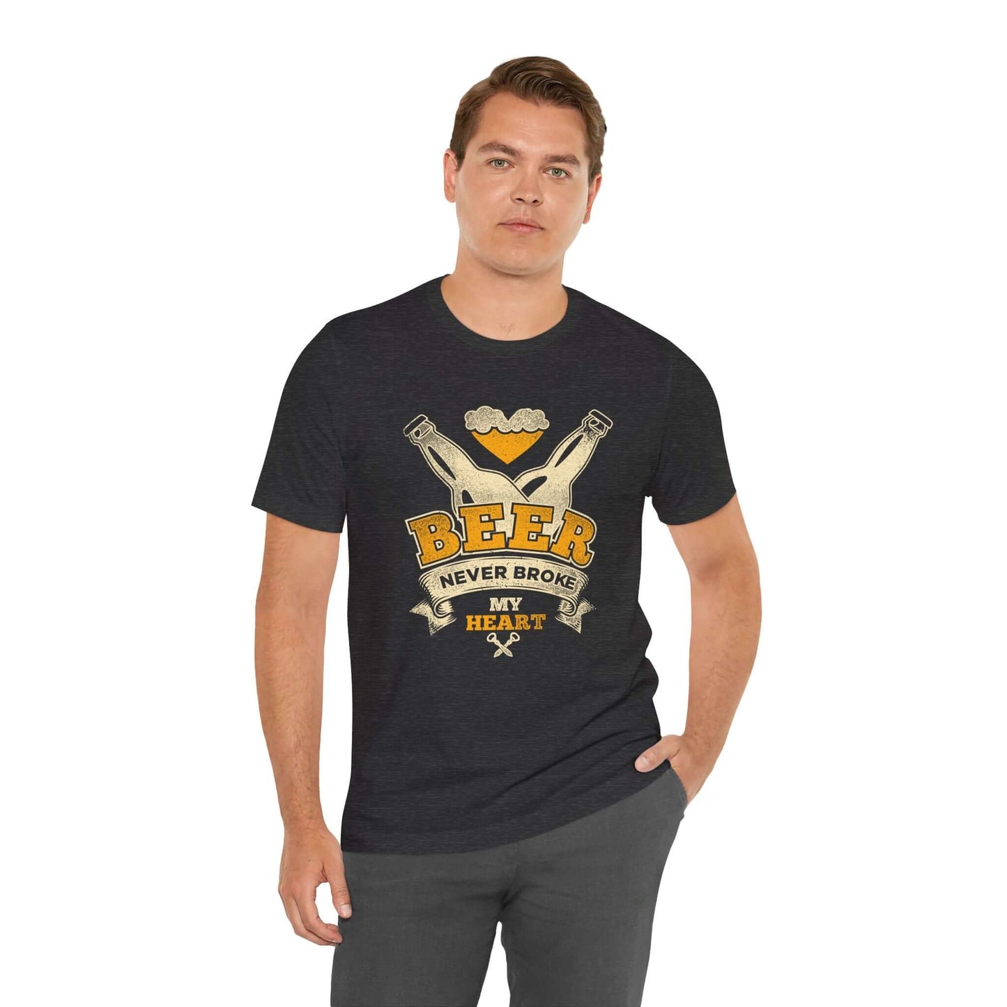 Dark grey heather men’s T-shirt with “BEER” BBQ graphic and “Never Broke My Heart” text