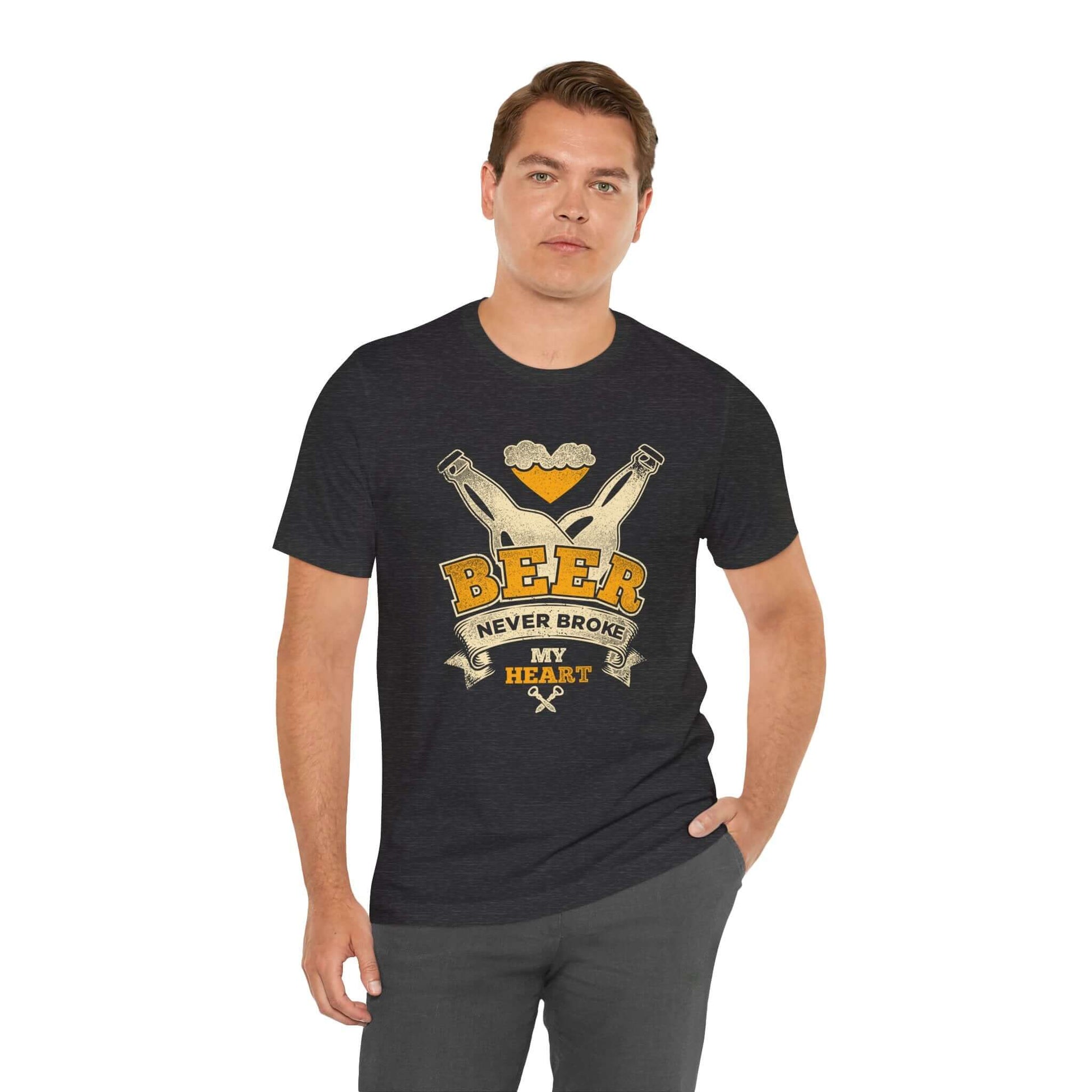 Dark grey heather men’s T-shirt with “BEER” BBQ graphic and “Never Broke My Heart” text