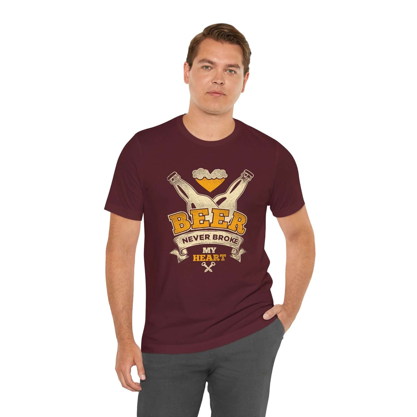 Maroon men’s T-shirt with “BEER” BBQ graphic and “Never Broke My Heart” text